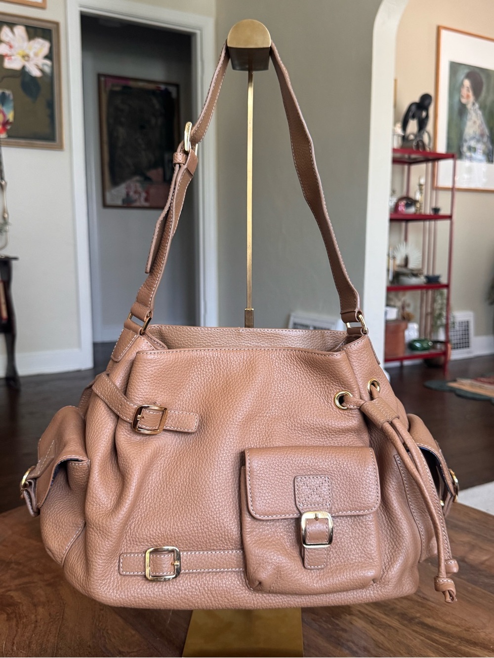 MAXX New York Tan Pebbled Leather Shoulder Bag Buckles Adjustable Strap Satchel